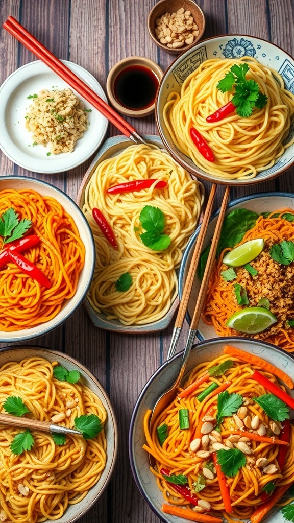 Creative Noodle Dish Name Ideas A variety of noodle dishes including Szechuan noodles, garlic parmesan pasta, and vegetable pad Thai on a rustic table.